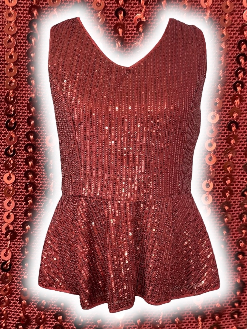 Burgundy Sequin Peplum Top L Sleeveless V-Neck Ruffle Hem Tank Shirt Stretch Red